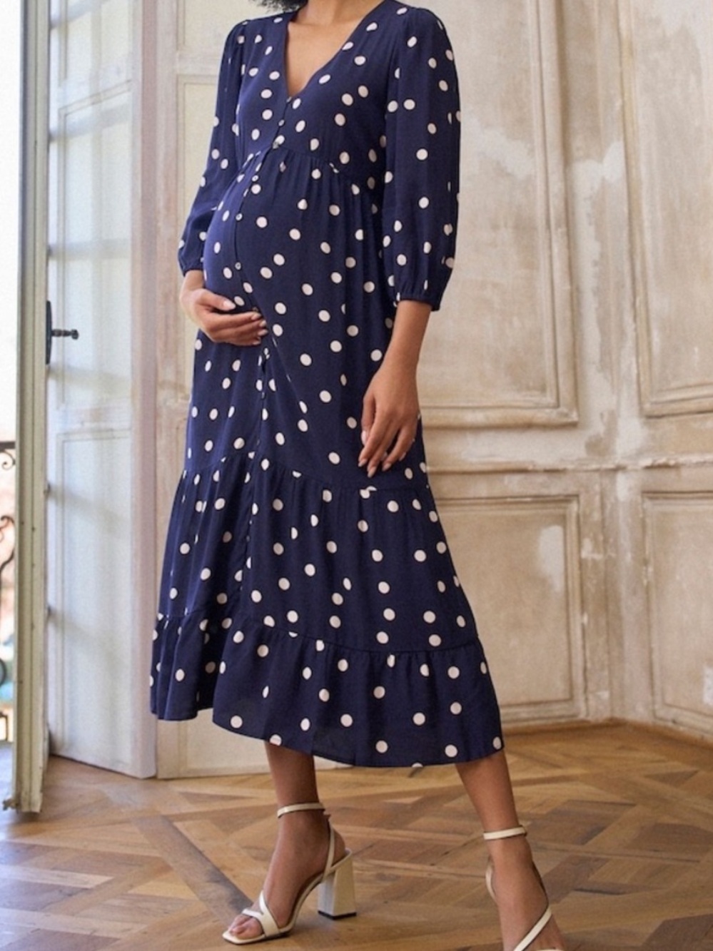 Seraphine Polka Dot Tiered Maternity Midi Dress US 12